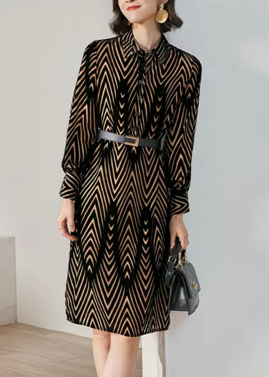 Geometric Chevron Burnout Velvet Long Sleeve Shirt Dress - View 2