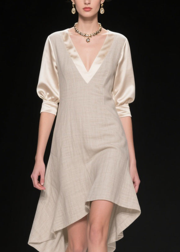 Deep V-Neck Puff Sleeve Satin Inset A-Line Midi Dress - View 2