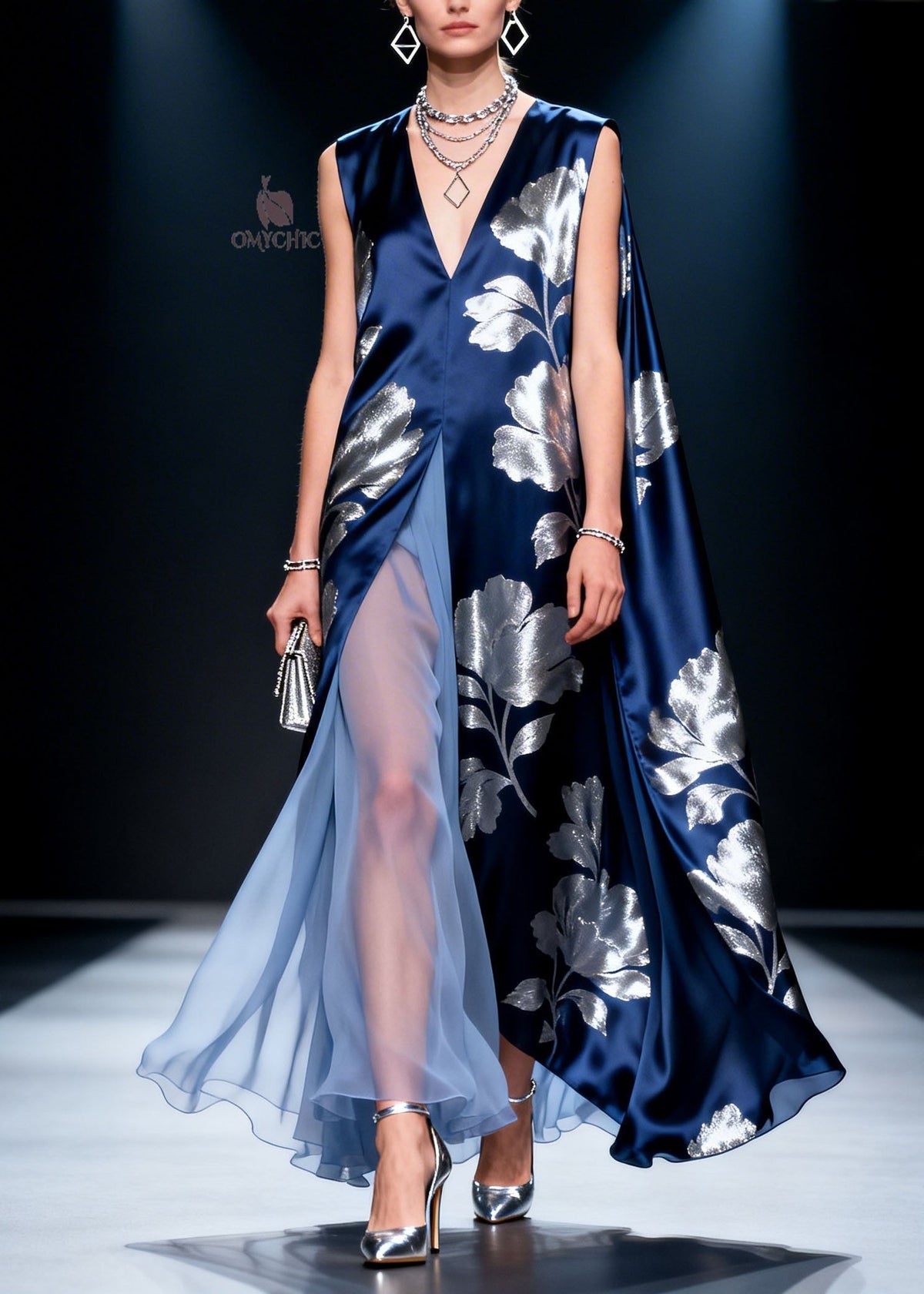 Satin Metallic Floral Print V-Neck Sleeveless Maxi Gown