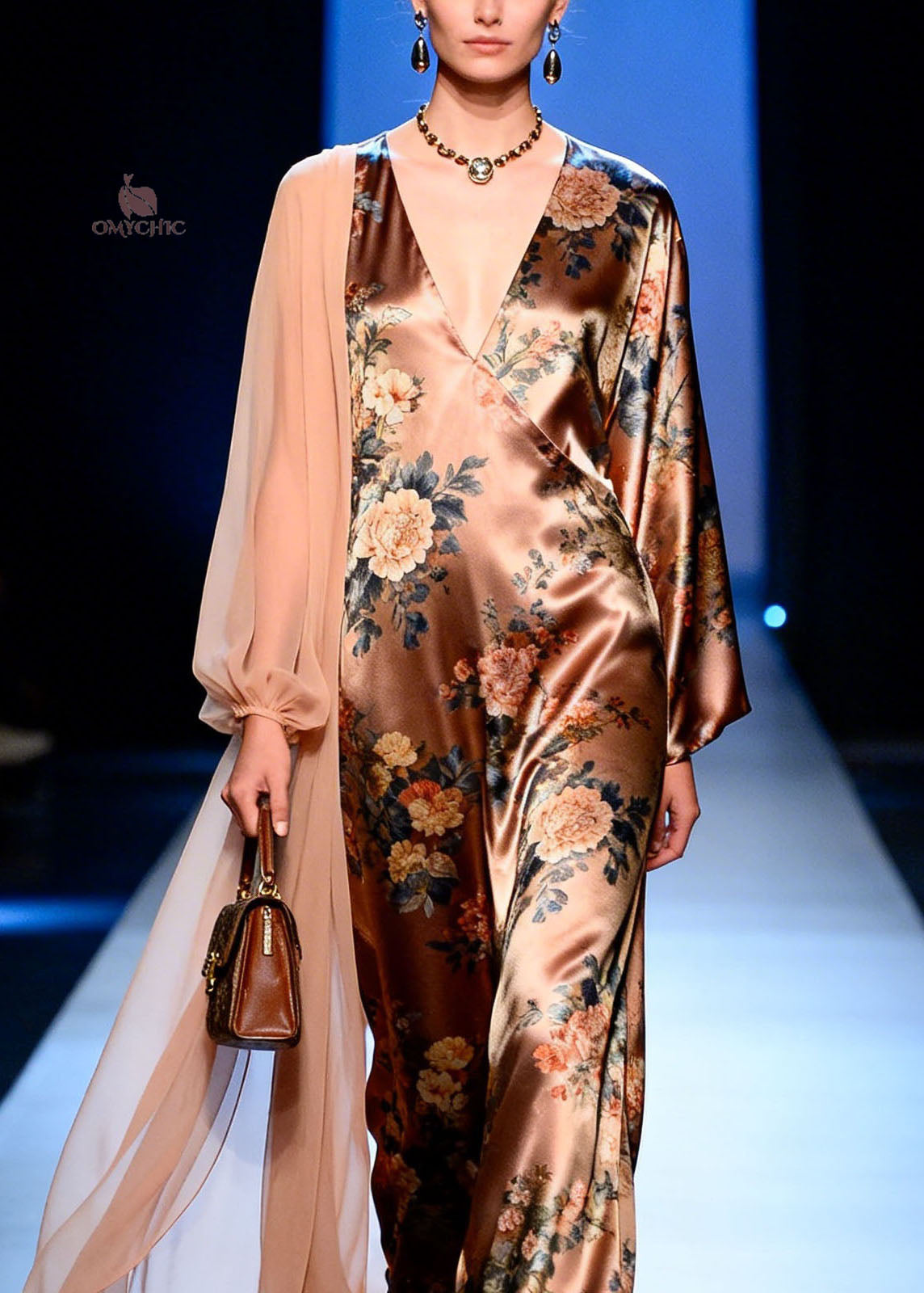 Satin Floral Print Deep V-Neck Wrap Long Sleeve Sheer Cape Maxi Gown - View 2