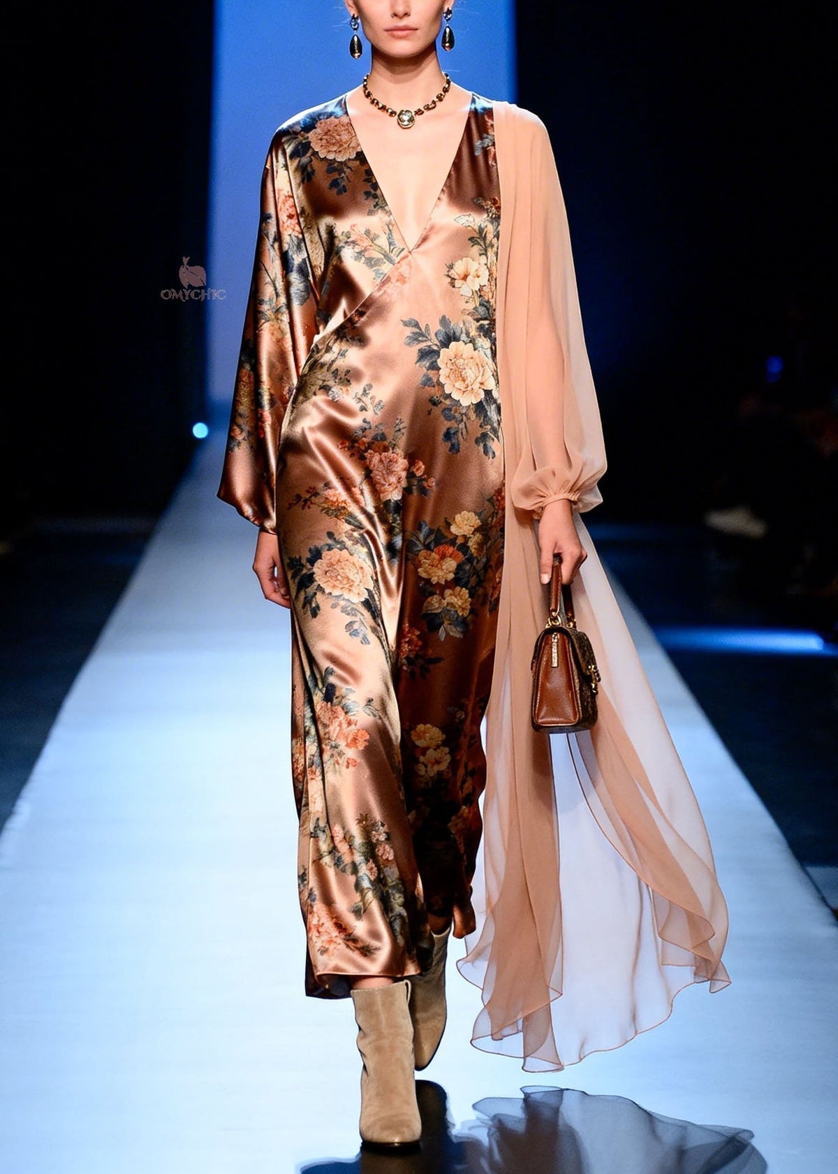 Satin Floral Print Deep V-Neck Wrap Long Sleeve Sheer Cape Maxi Gown - View 3