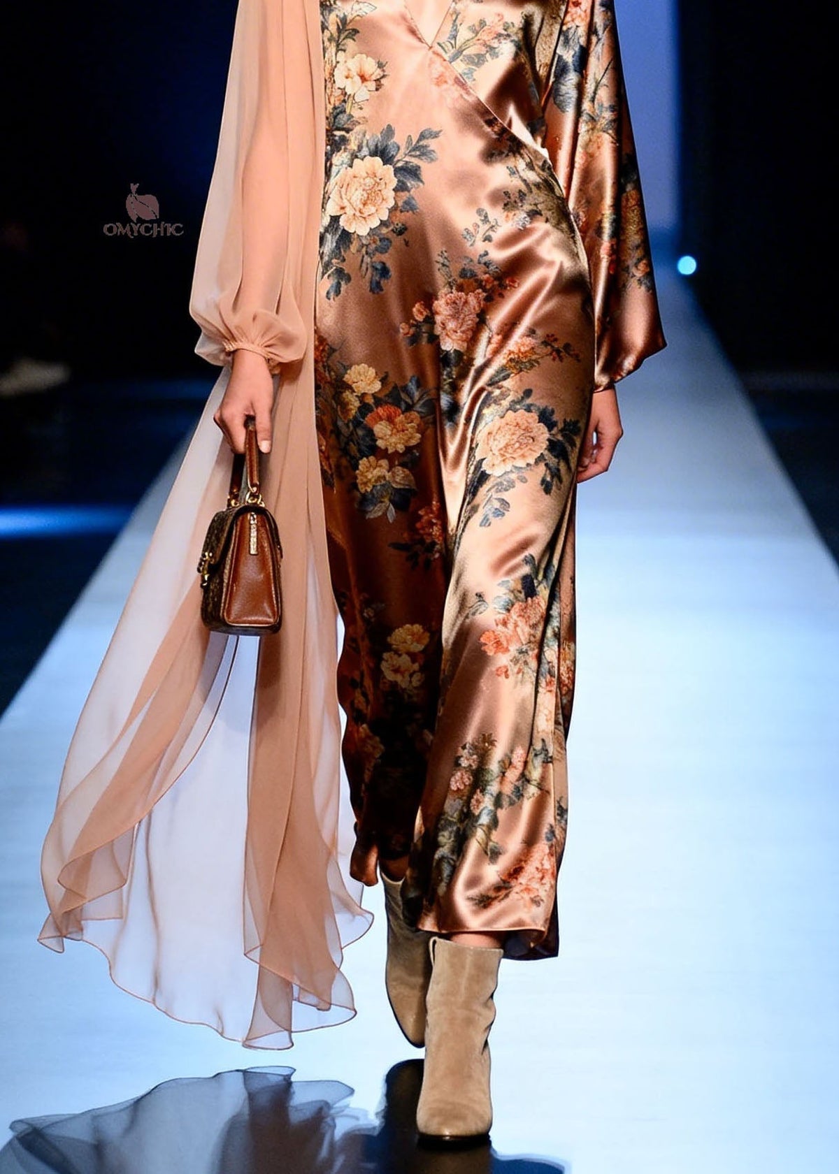 Satin Floral Print Deep V-Neck Wrap Long Sleeve Sheer Cape Maxi Gown - View 4