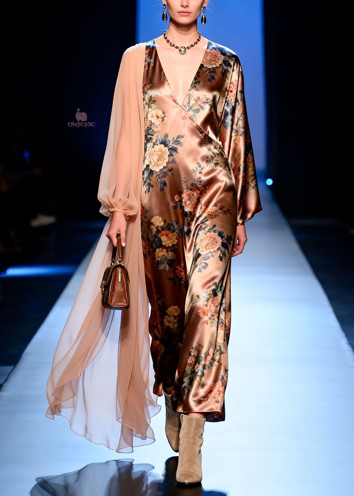 Satin Floral Print Deep V-Neck Wrap Long Sleeve Sheer Cape Maxi Gown - View 5