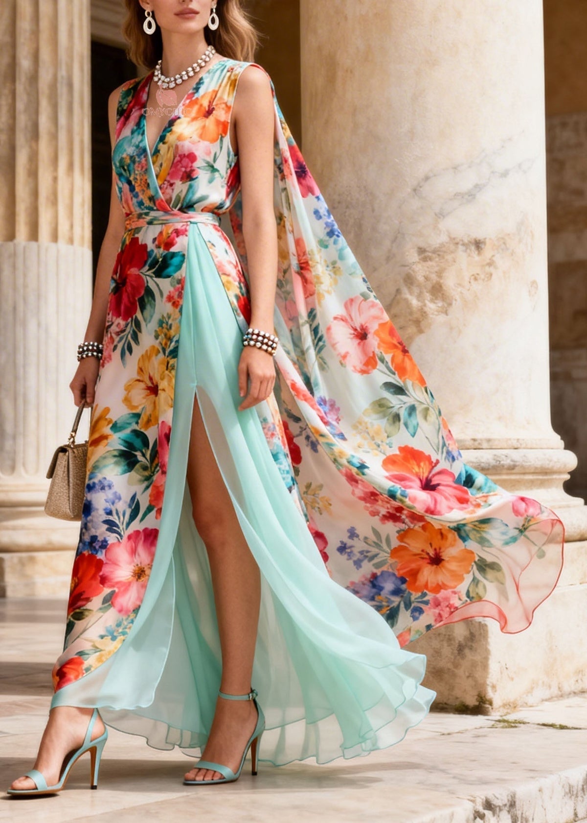 Hibiscus Floral Print Deep V-Neck Wrap Tie Belt Cape Maxi Gown