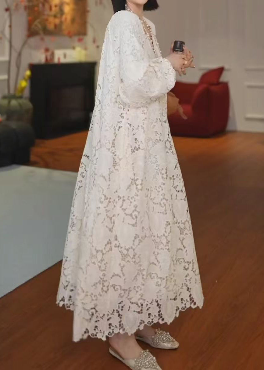 Floral Lace Split V-Neck Lantern Sleeve Scalloped Hem Maxi Dress - View 5