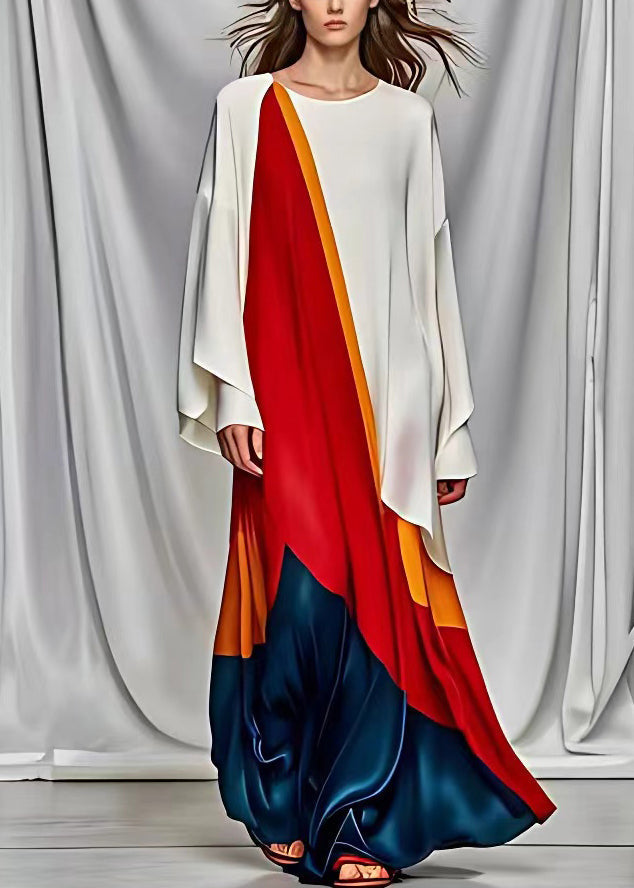French White Asymmetrical Design Patchwork Silk Maxi Dresses Long Sleeve - View 2