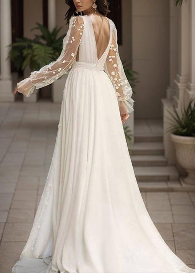French White V Neck Backless Chiffon Robe Dresses Summer - View 2