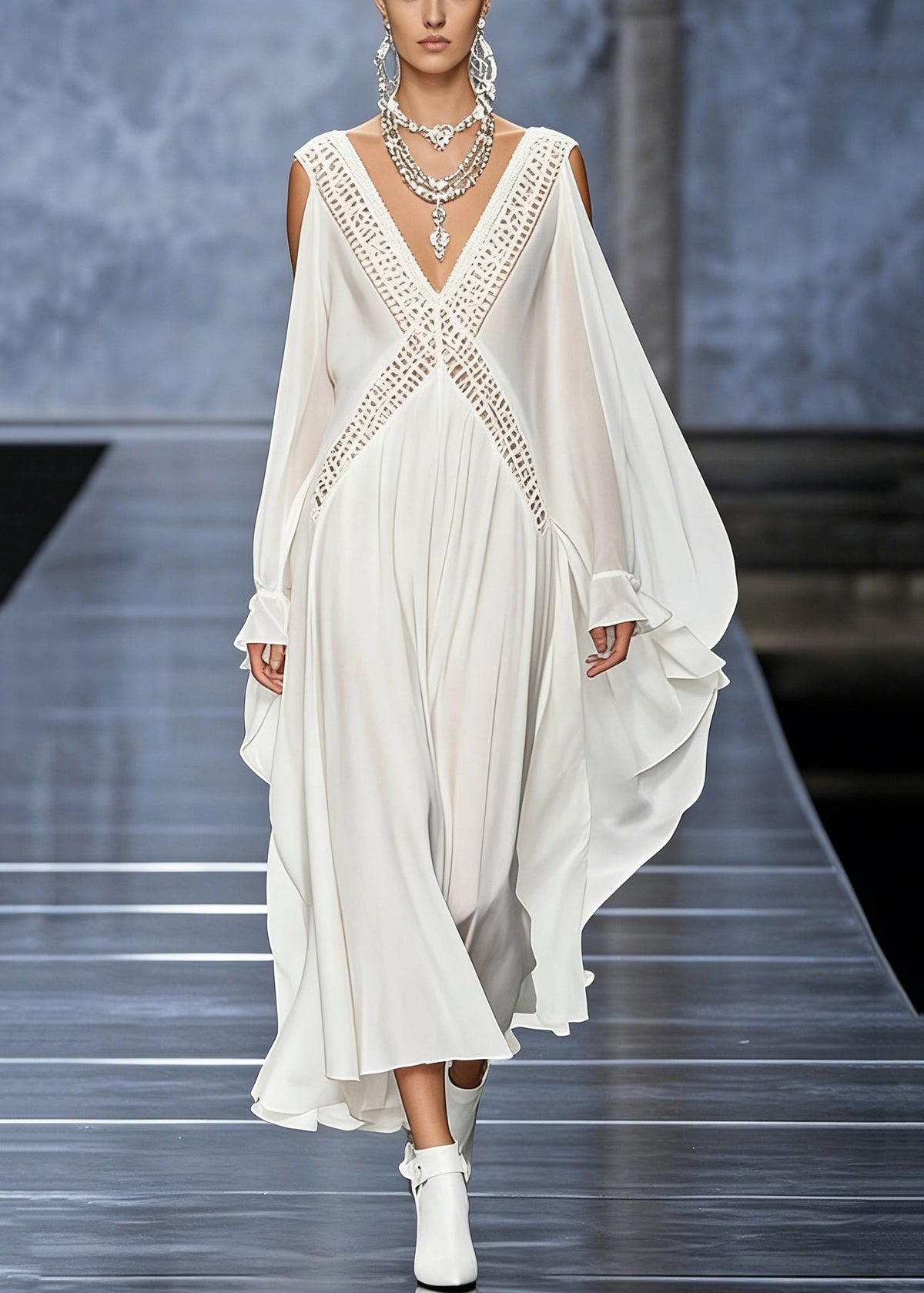 French White V Neck Hollow Out Chiffon Maxi Dresses Butterfly Sleeve - View 3