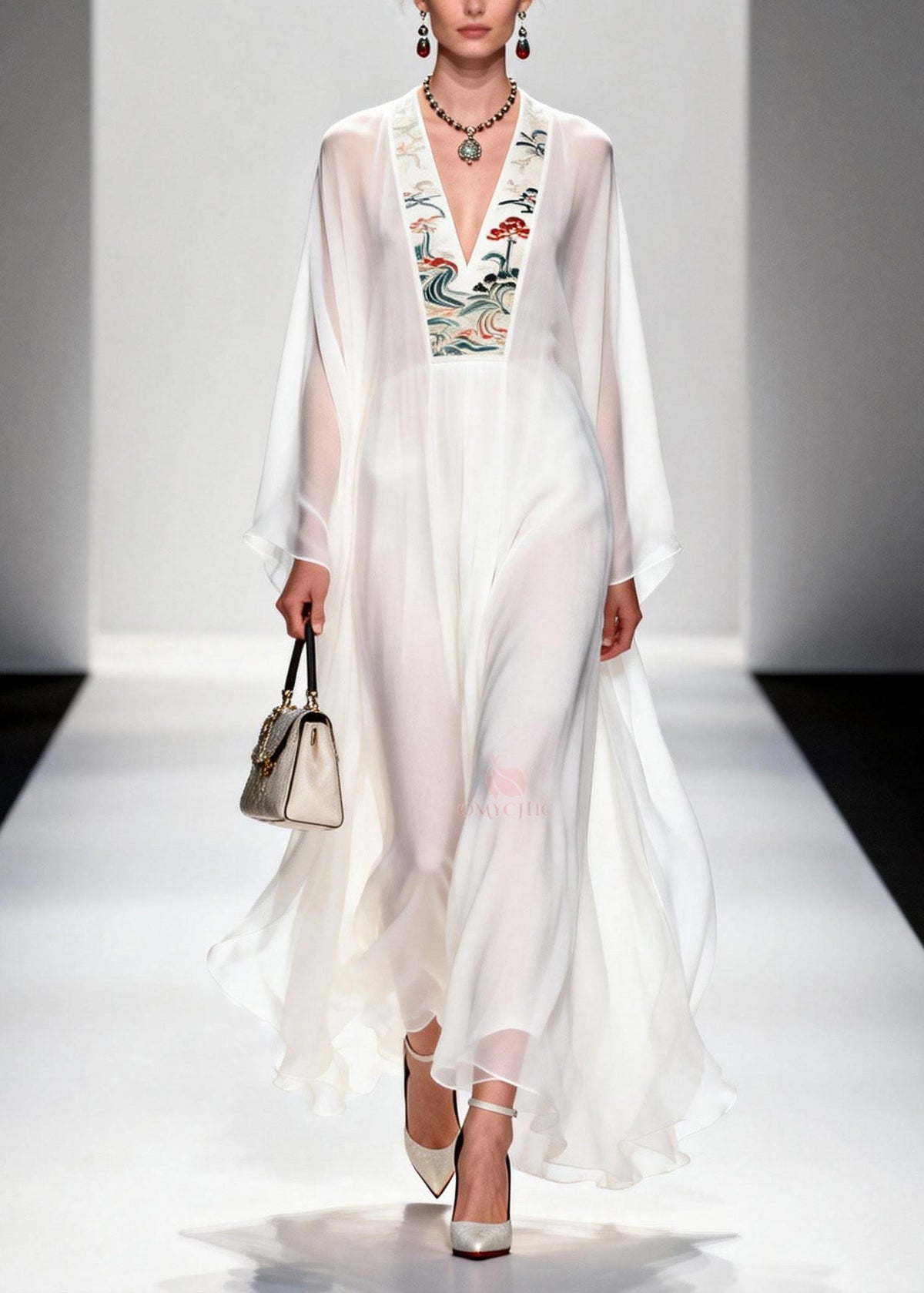 Embroidered Floral Panel Deep V-Neck Bell Sleeve Sheer Maxi Gown - View 5