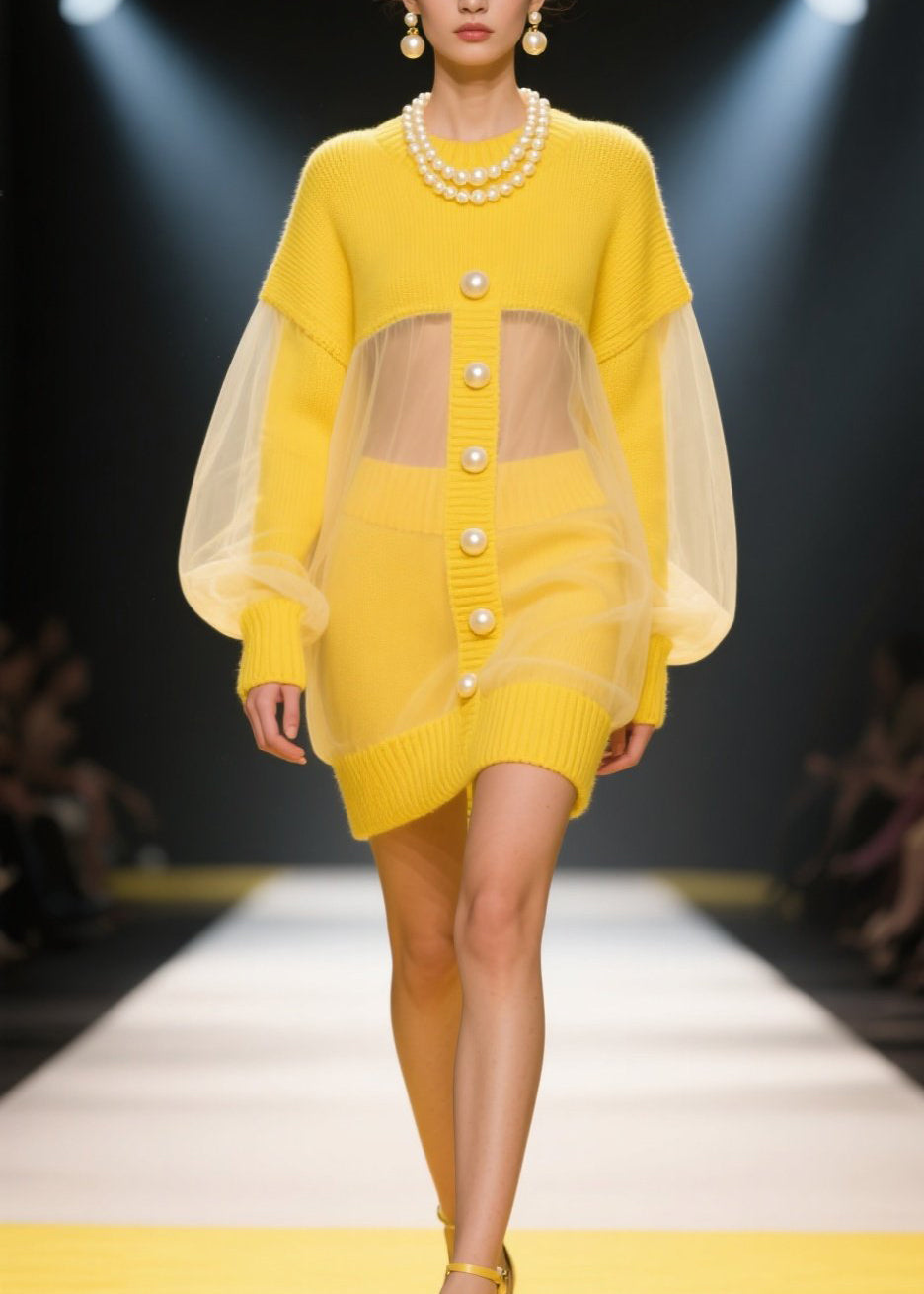 Knit Pearl Button Sheer Mesh Balloon Sleeve Mini Dress