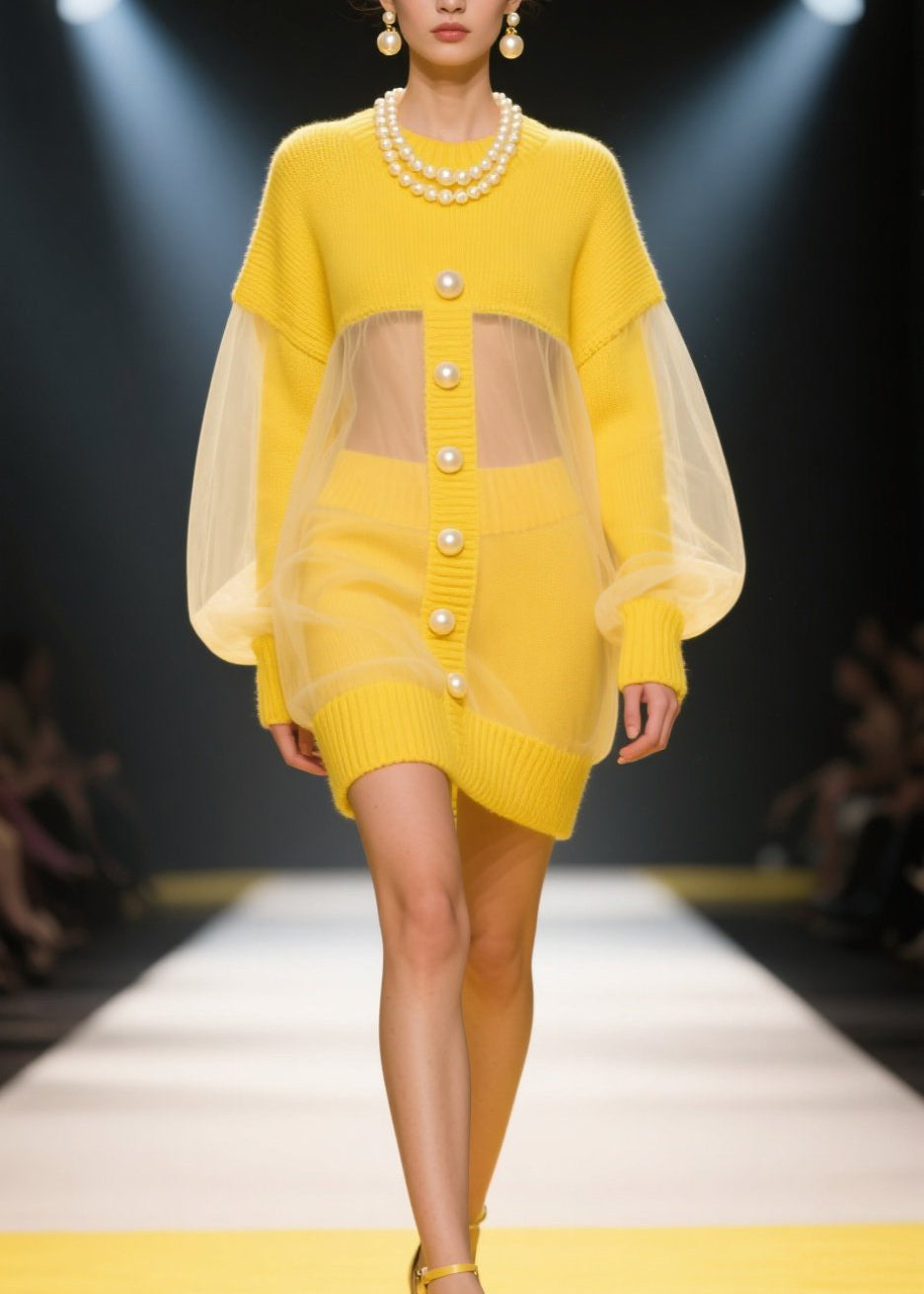Knit Pearl Button Sheer Mesh Balloon Sleeve Mini Dress - View 3
