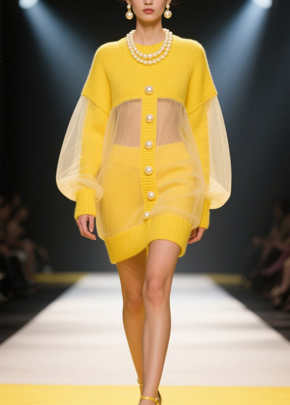 Knit Pearl Button Sheer Mesh Balloon Sleeve Mini Dress - View 5