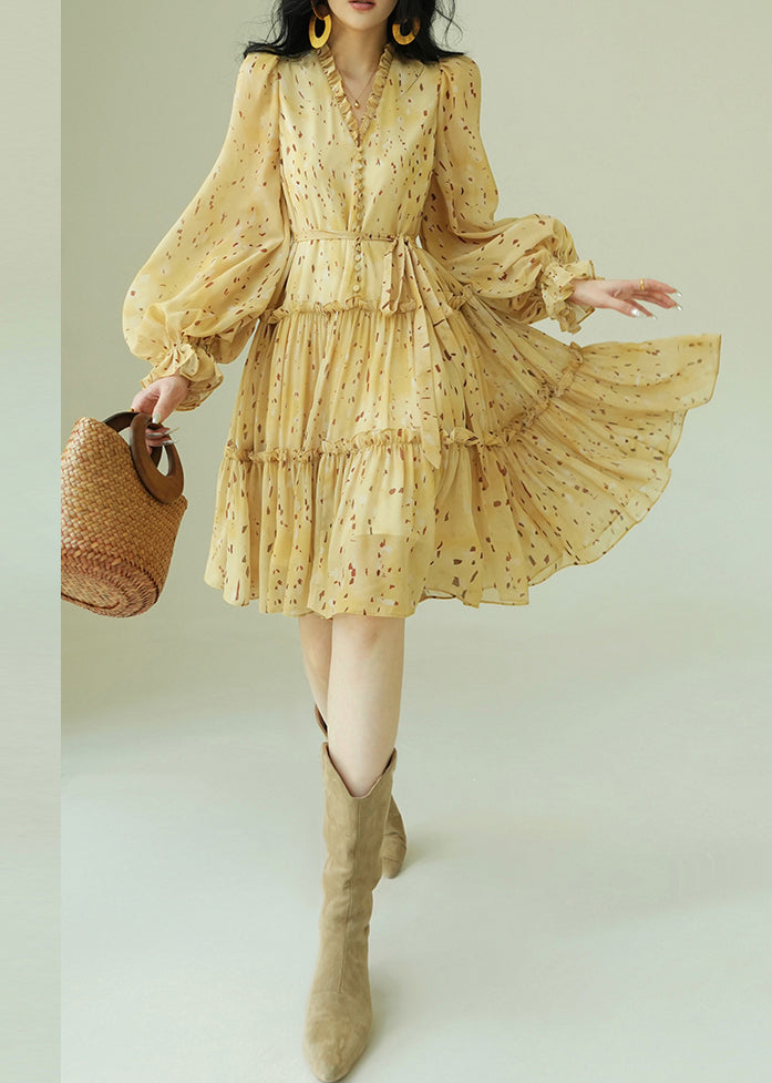 French Yellow Ruffled Print Tie Waist Chiffon Dress Fall - View 2