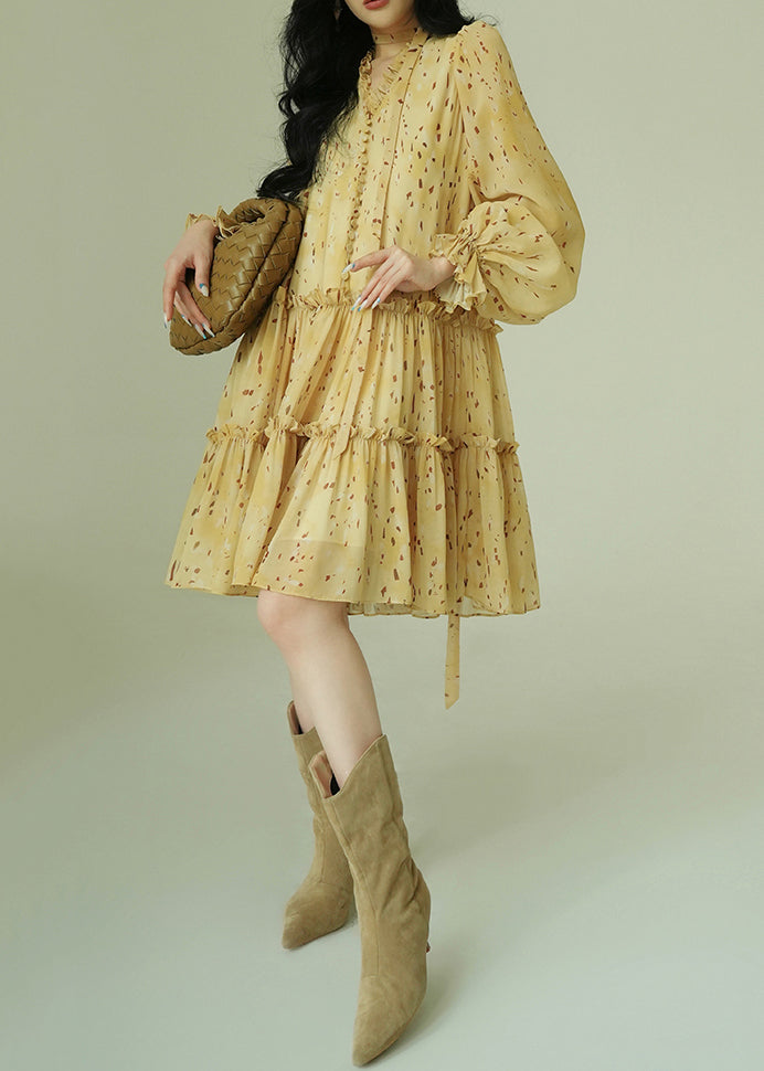 French Yellow Ruffled Print Tie Waist Chiffon Dress Fall - View 5