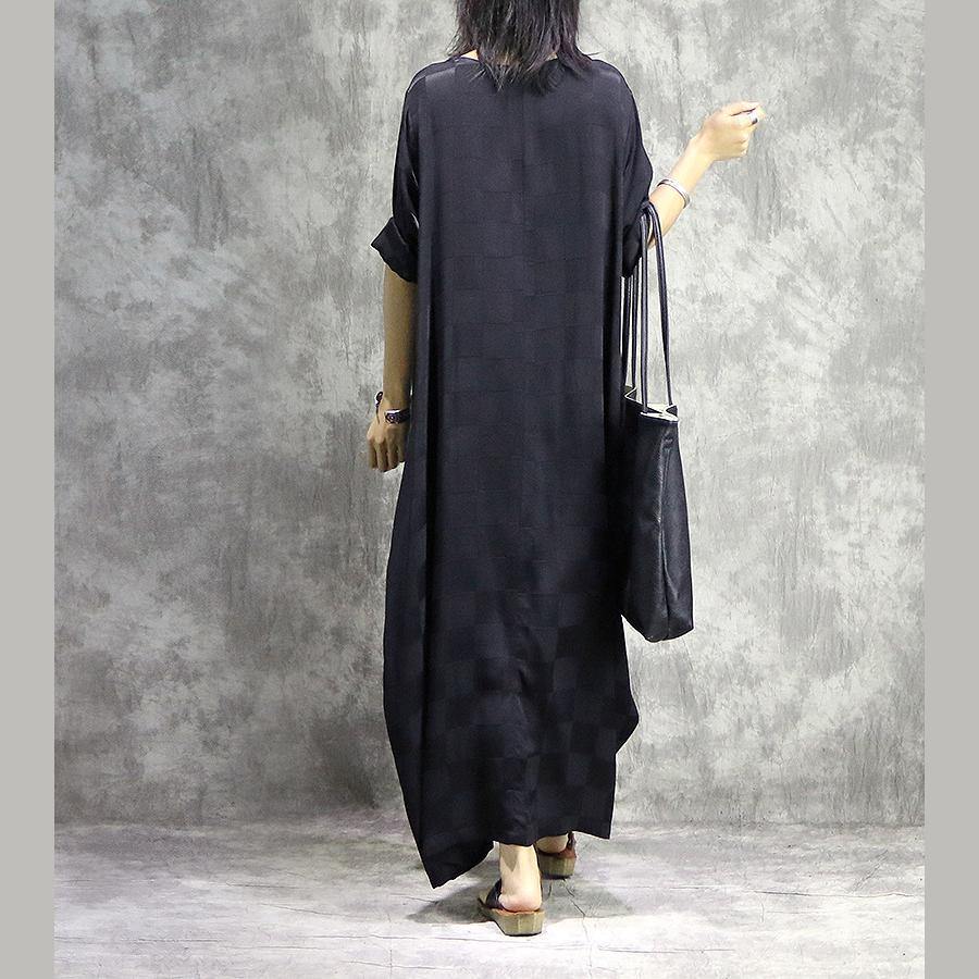 Check Print Round Neck Short Sleeve Pleated Cocoon Maxi Dress - View 4