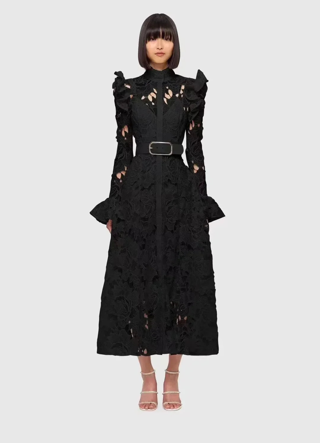 Lace Ruffle Shoulder Button Front Belted Long Sleeve Midi Dress - View 7