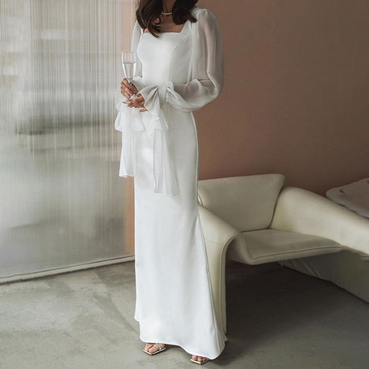 Mesh Square Neck Puff Sleeve Tie Cuff Fishtail Maxi Gown