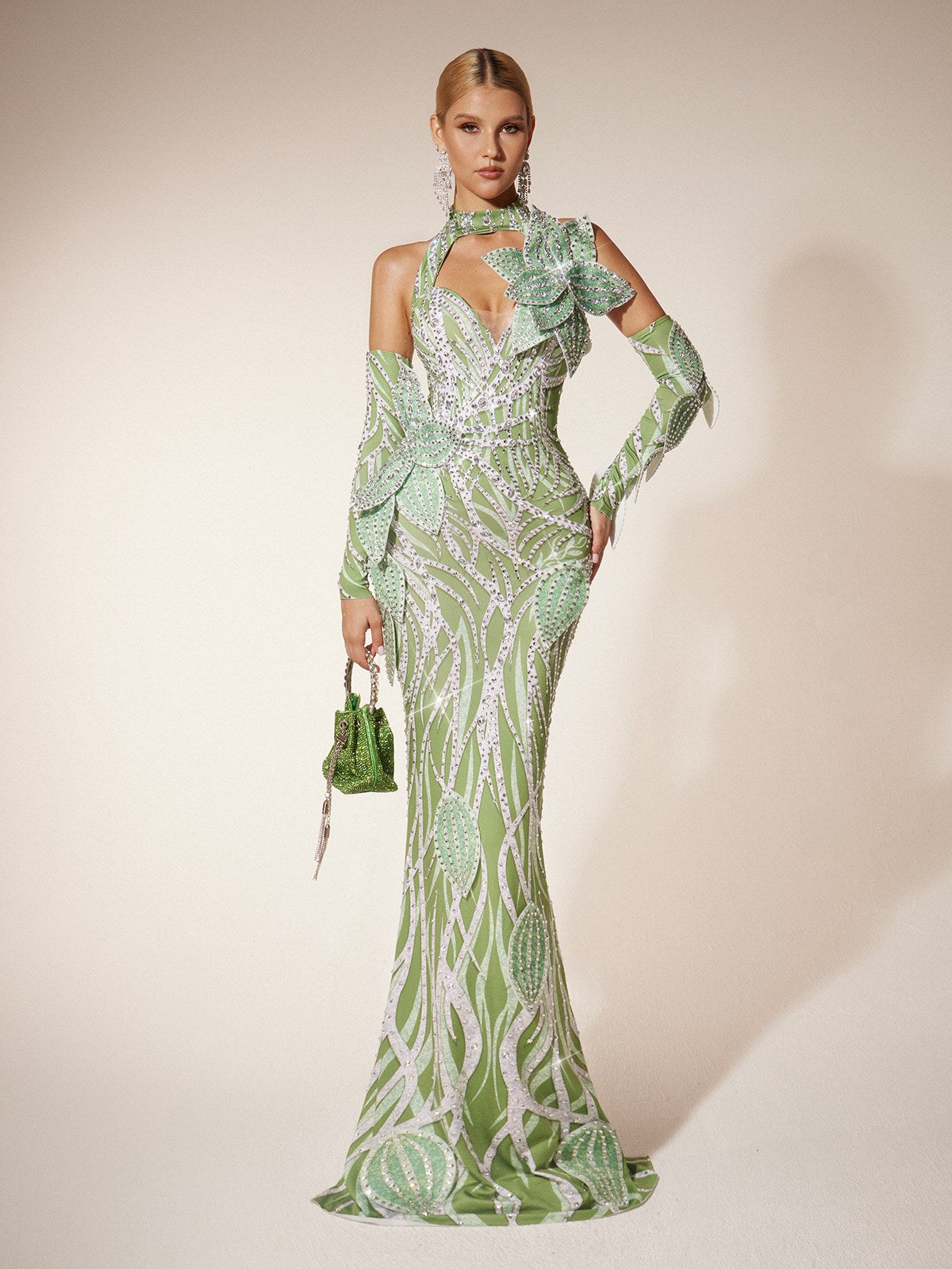 Halter Neck Cut Out Leaf Sequin Mermaid Maxi Gown With Arm Sleeves - View 3