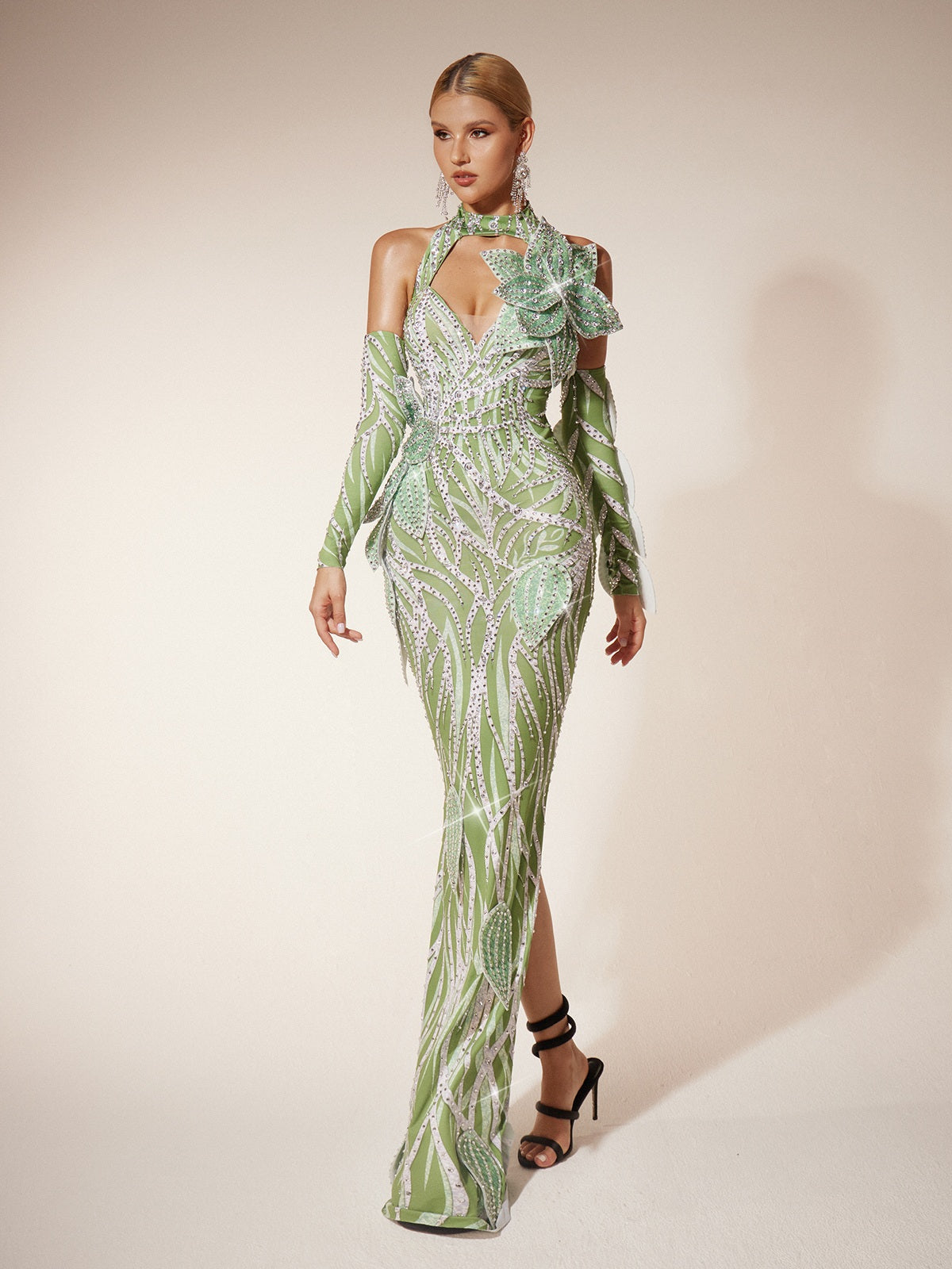Halter Neck Cut Out Leaf Sequin Mermaid Maxi Gown With Arm Sleeves - View 4