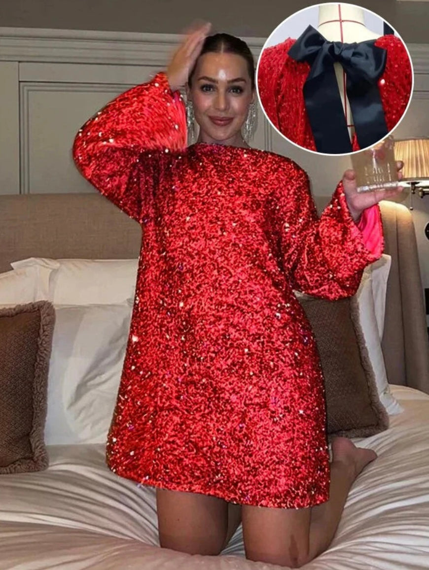 Sequin Long Sleeve Open Back Oversized Bow Back Mini Party Dress - View 8