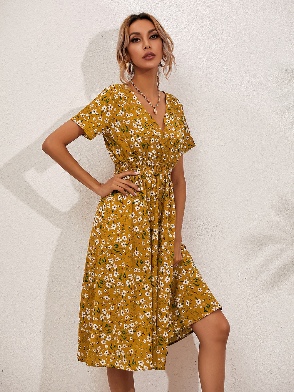 Wrap V-Neck Flutter Sleeve Smocked Waist A-Line Midi Summer Dress - View 3