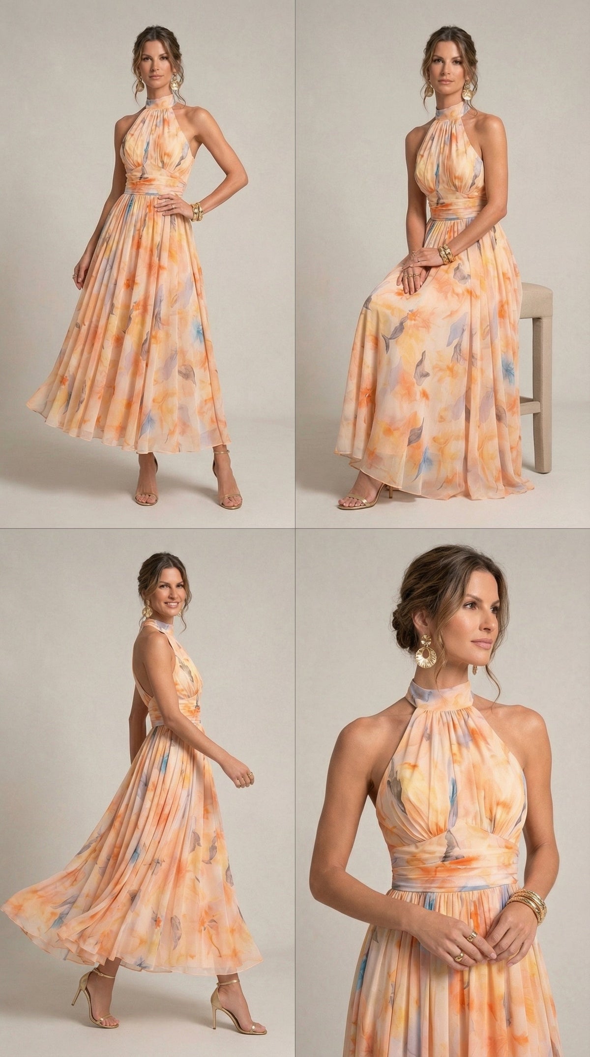 Floral Print Halter Neck Ruched Waist Chiffon Maxi Gown 4