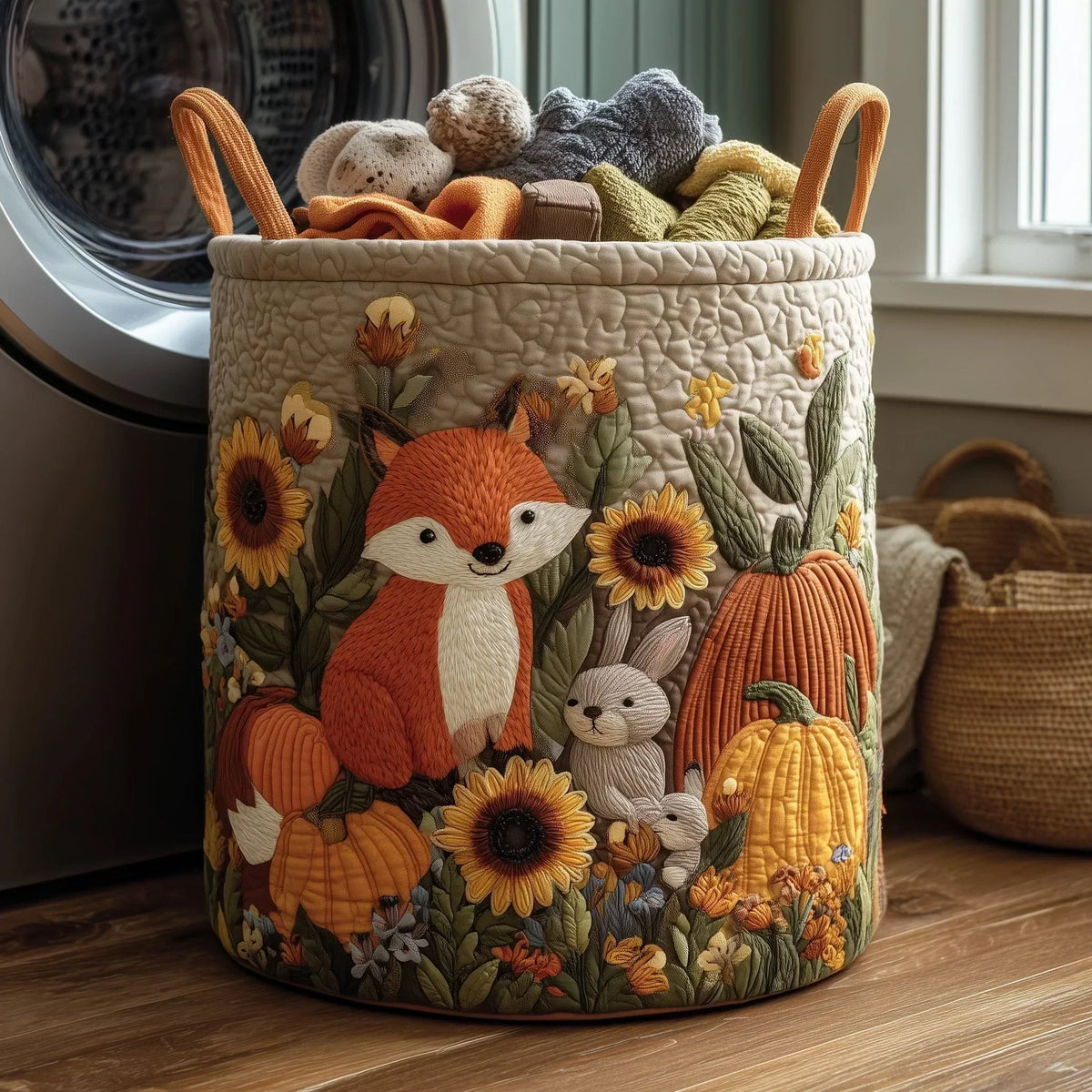 Floral Embroidered Quilted Storage Laundry Basket 9