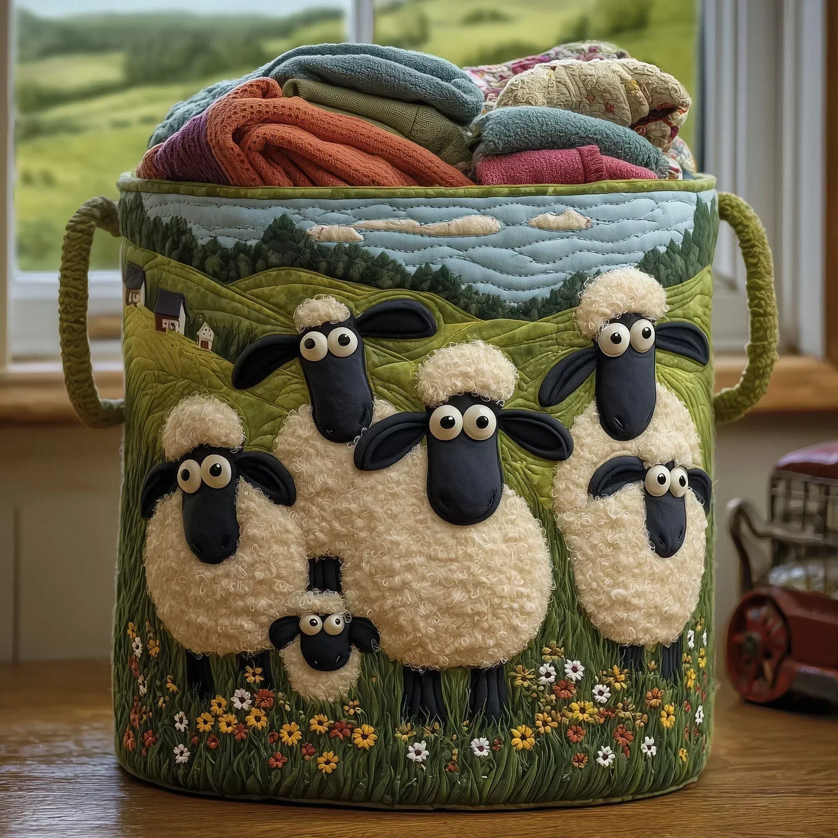 Quilted Sheep Print Fabric Storage Basket
