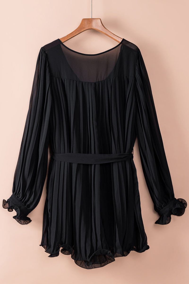 Pleated Deep V-Neck Balloon Sleeve Tie Waist Mini Dress - View 7