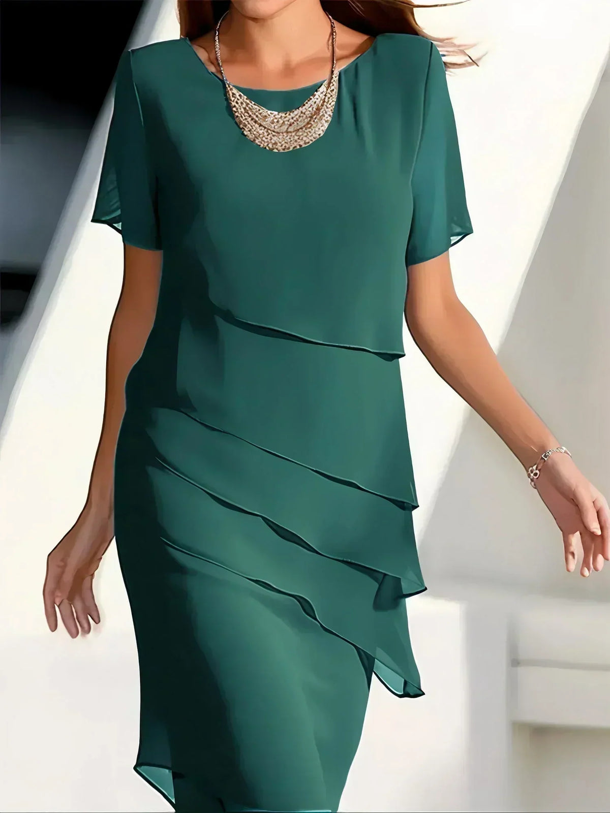 Beaded Neckline Flutter Sleeve Diagonal Tiered Cocktail Dress - View 3