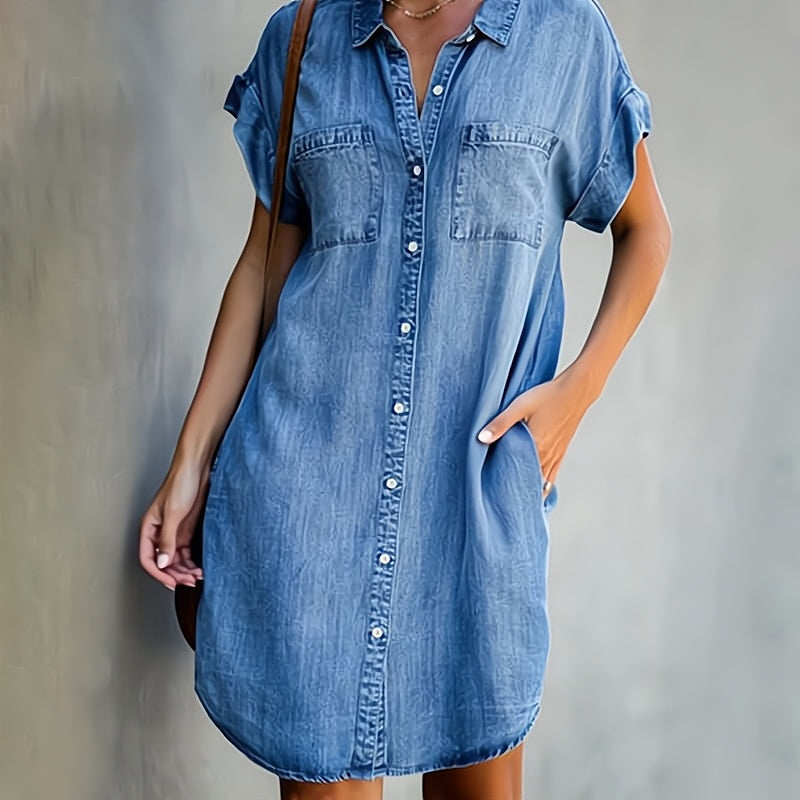 Denim Collar Button Front Short Sleeve Flap Pocket Mini Shirt Dress