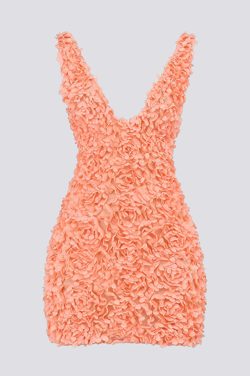 3D Floral Applique Plunge V-Neck Bodycon Mini Dress - View 5