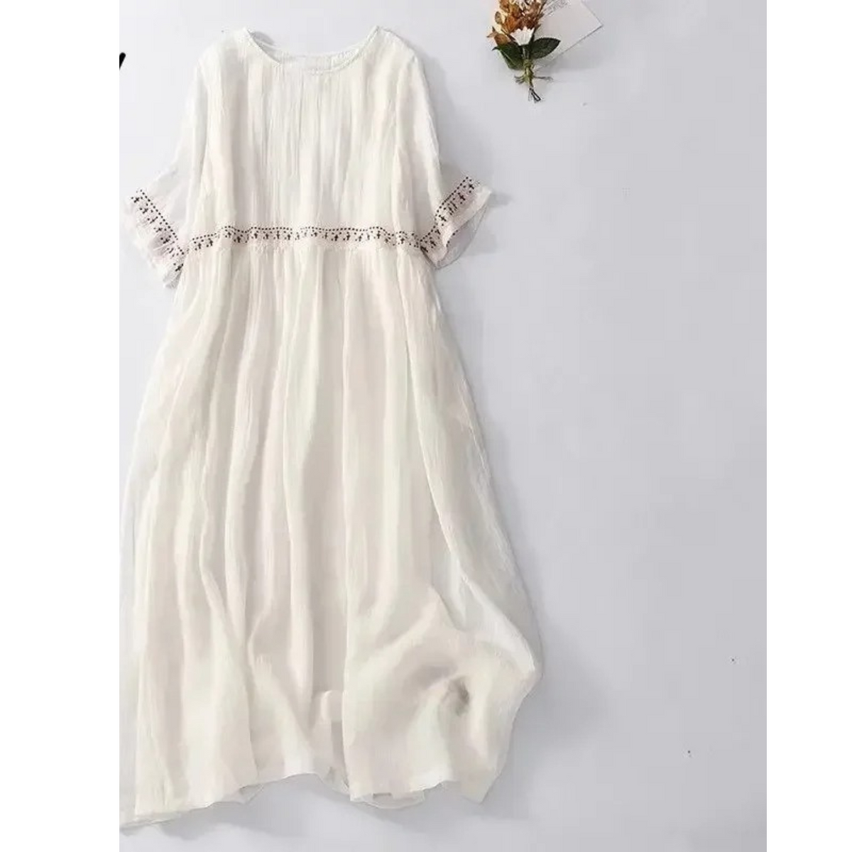 Embroidered Empire Waist Linen Look Summer Midi Dress - View 3