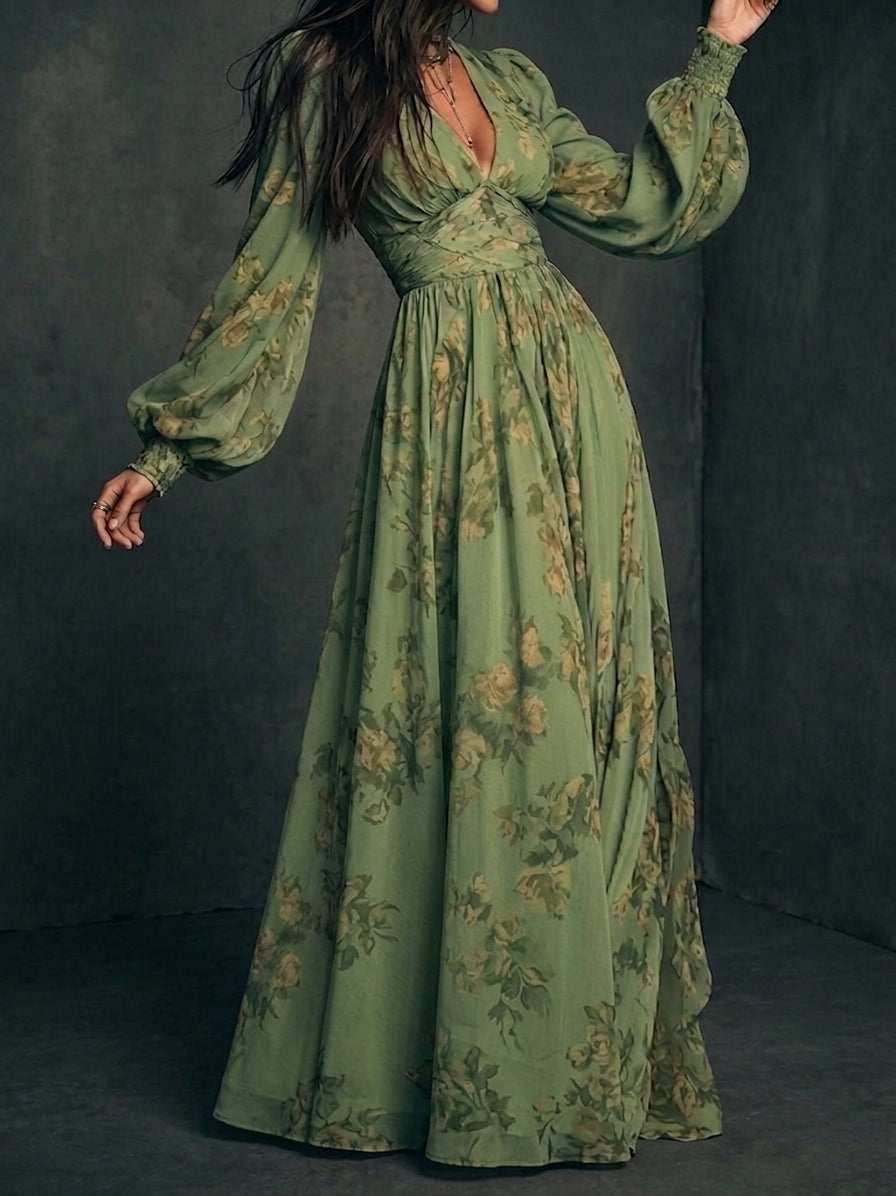 Floral Deep V-Neck Long Sleeve Smocked Cuff Maxi Dress 2