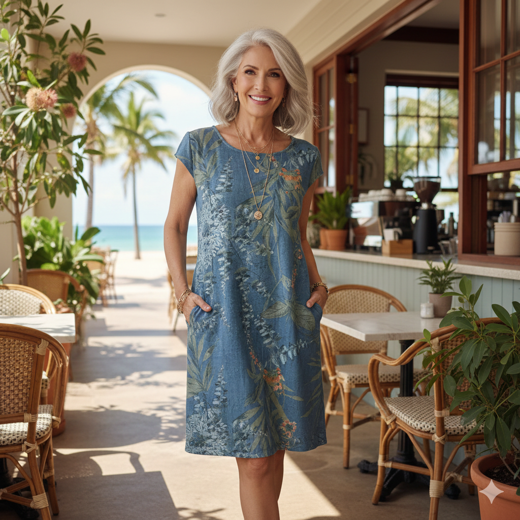 Botanical Print Cap Sleeve Pocket Shift Midi Dress 2