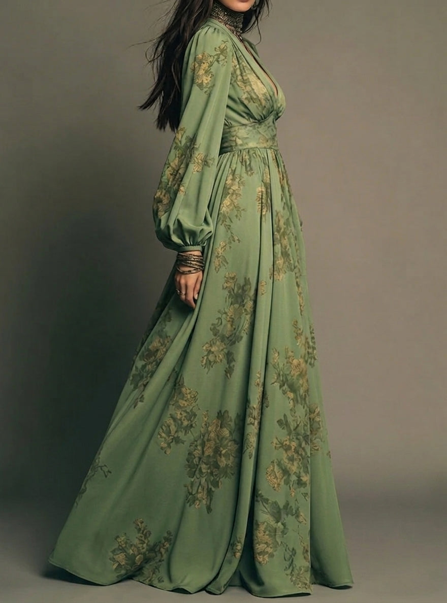 Floral Deep V-Neck Long Sleeve Smocked Cuff Maxi Dress 3