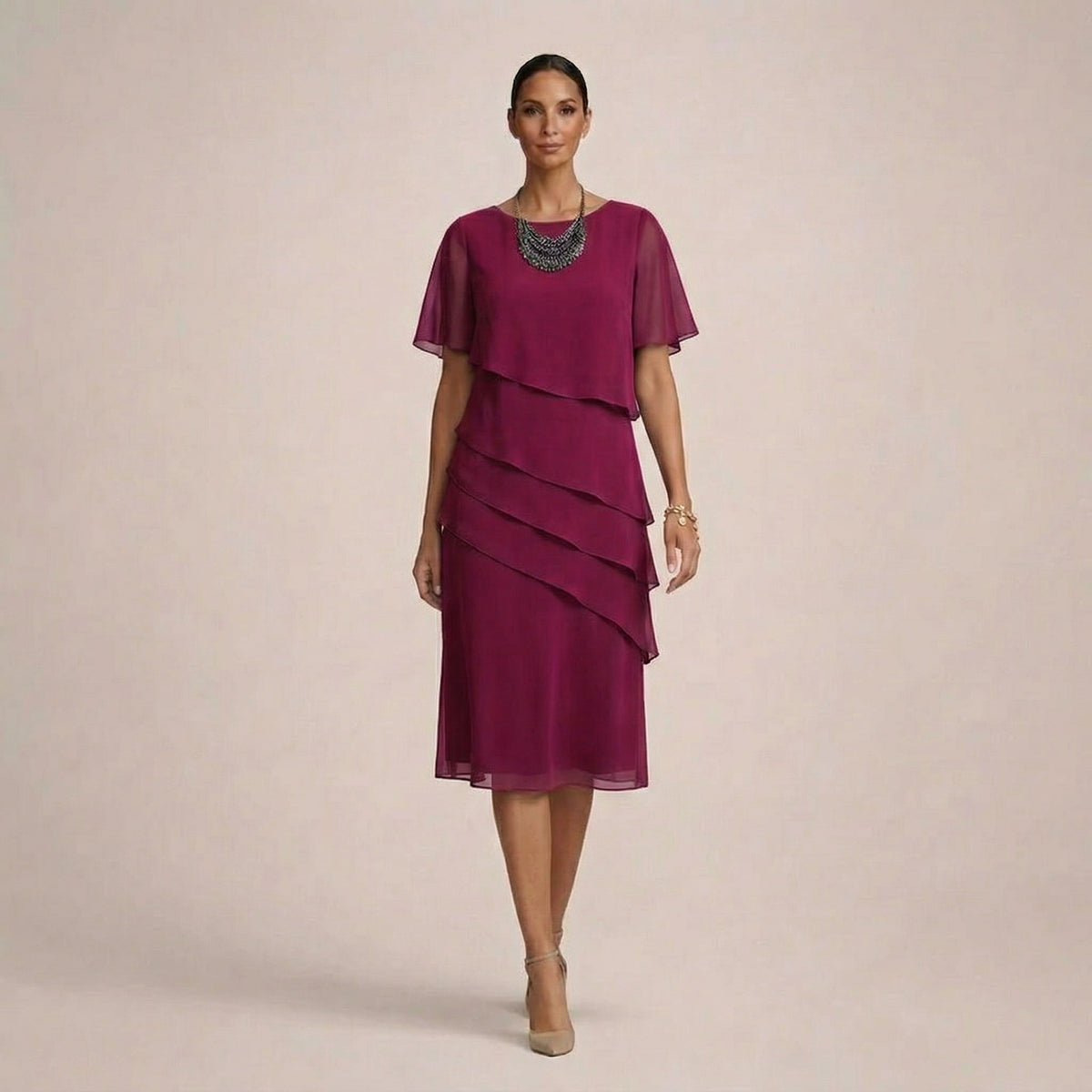 Round Neck Flutter Sleeve Tiered Ruffle Chiffon Midi Dress 3