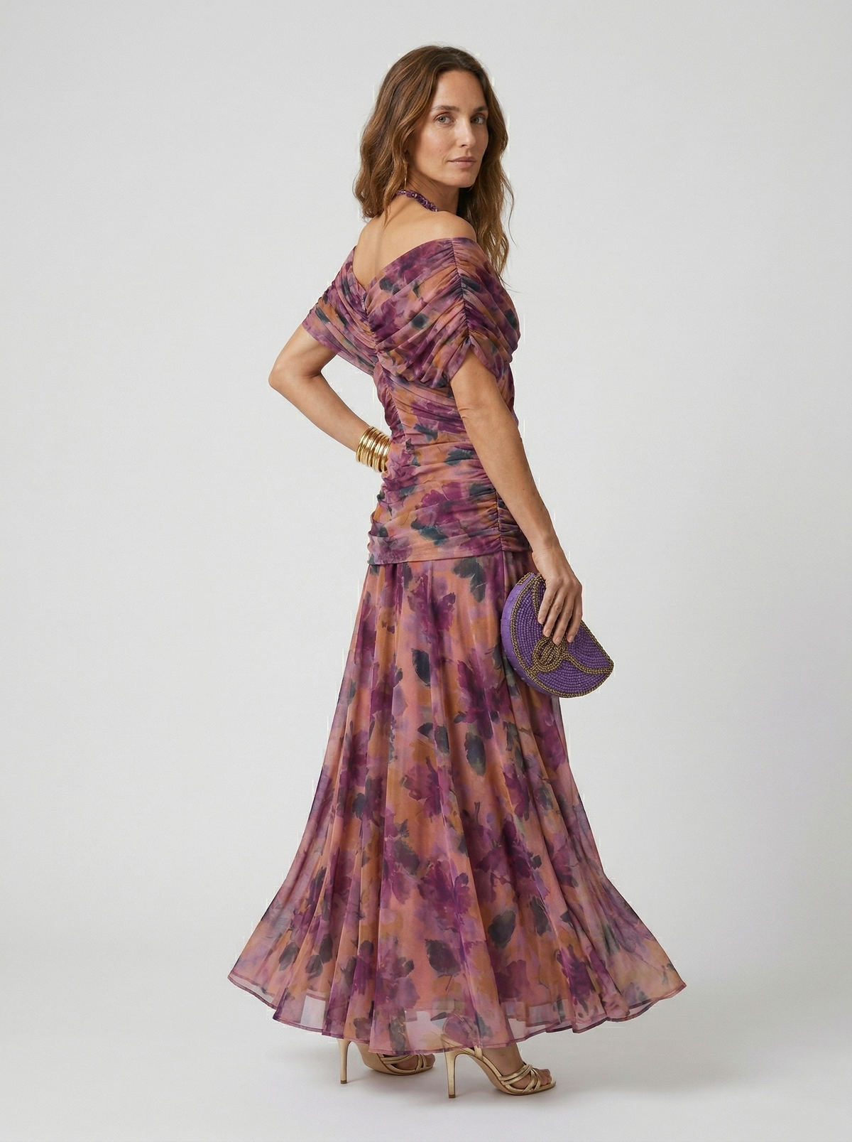 Floral Chiffon Off Shoulder Ruched Wedding Guest Dress 5