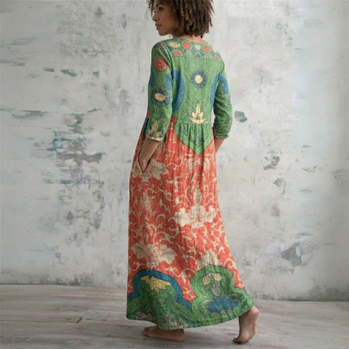 Floral Print V-Neck Long Sleeve Pocket Maxi Dress 3