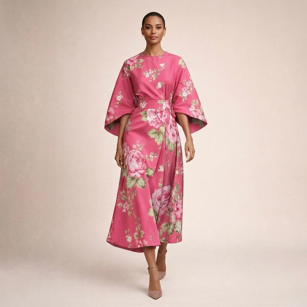 Floral Print Boat Neck Wide Sleeve A-Line Midi Dress 3