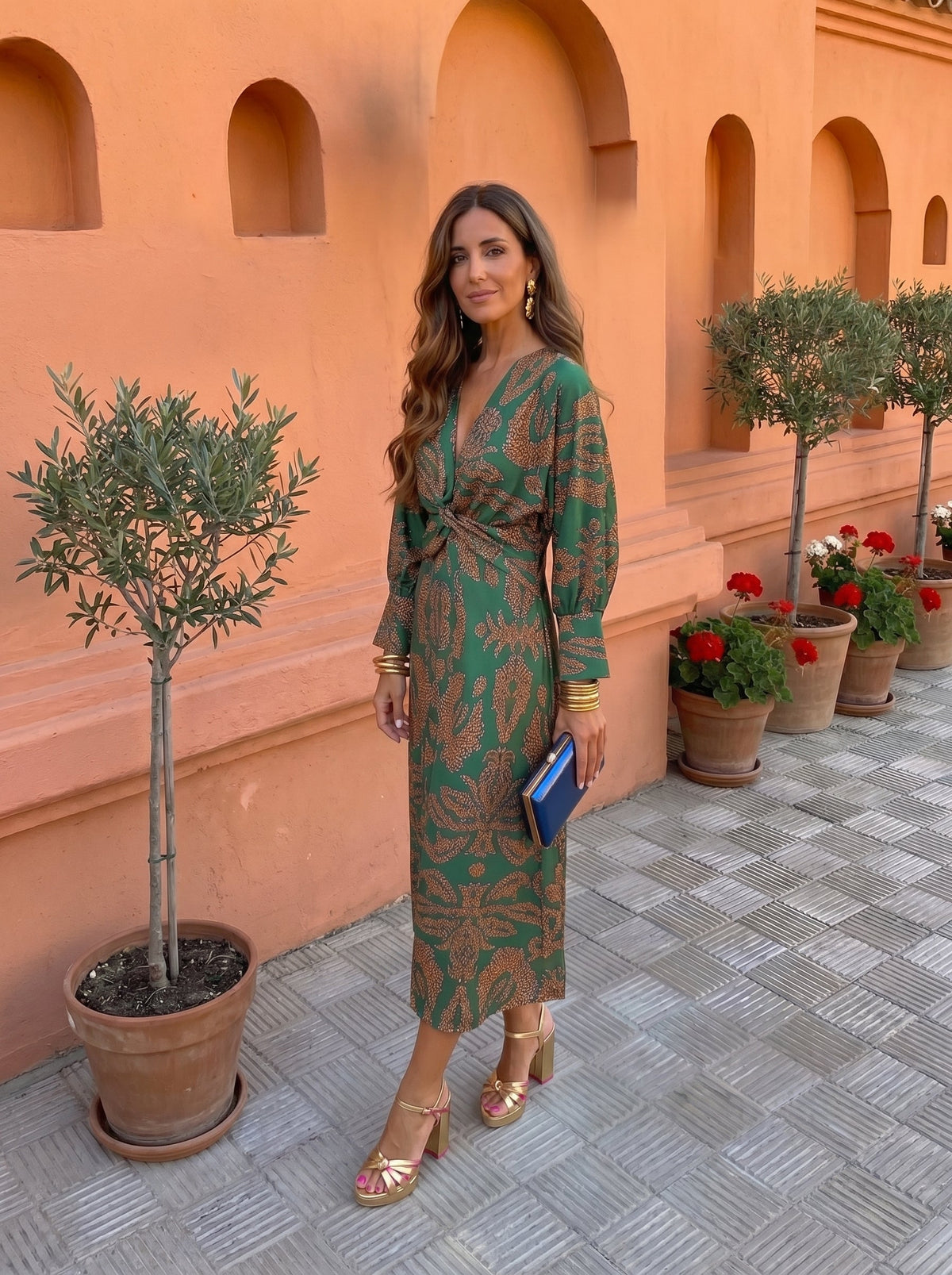Botanical Print Deep V-Neck Twist Front Long Sleeve Midi Dress 3