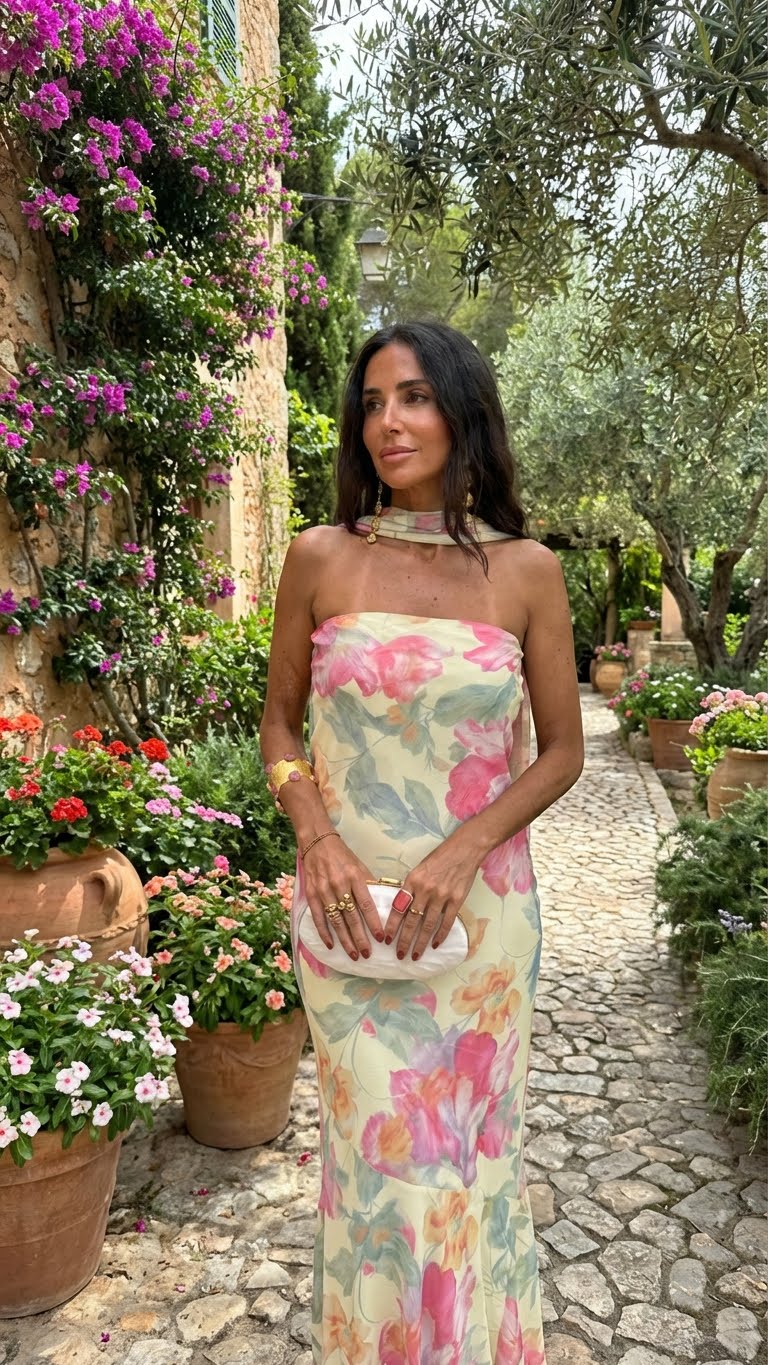 Floral Strapless Choker Neck Mermaid Maxi Dress 2
