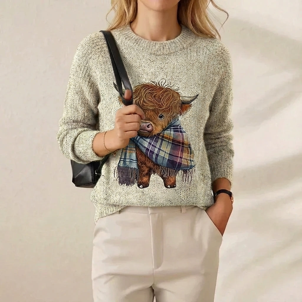 Highland Cow Print Crew Neck Long Sleeve Knit Sweater