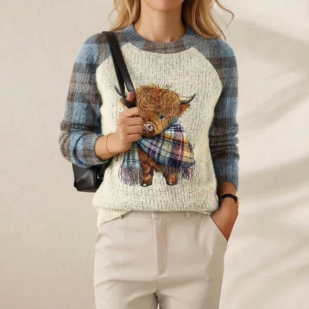 Crew Neck Highland Cow Plaid Sleeve Knit Sweater