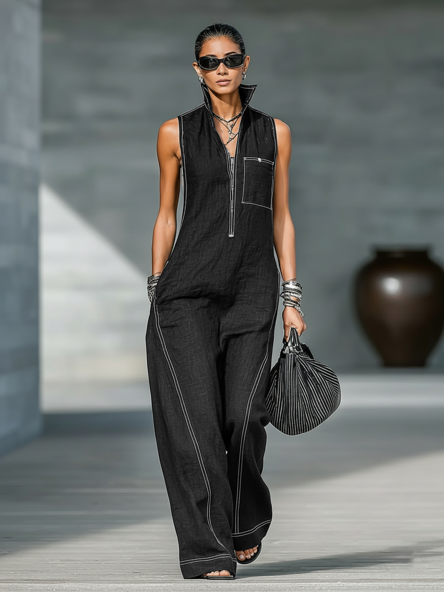 Sleeveless Stand Collar Half Zip Wide Leg Jumpsuit 5