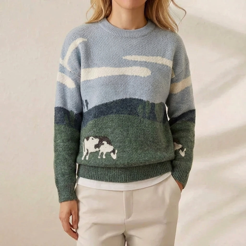 Crew Neck Cow Landscape Print Knit Sweater