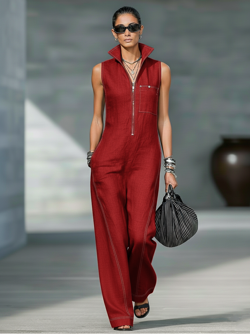 Sleeveless Stand Collar Half Zip Wide Leg Jumpsuit 7