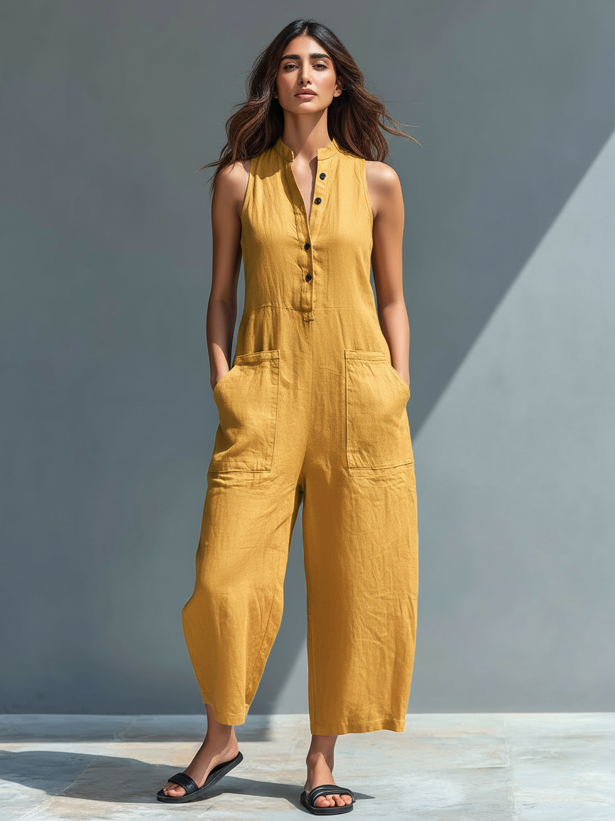 Sleeveless Button Front Wide Leg Jumpsuit with Pockets 6