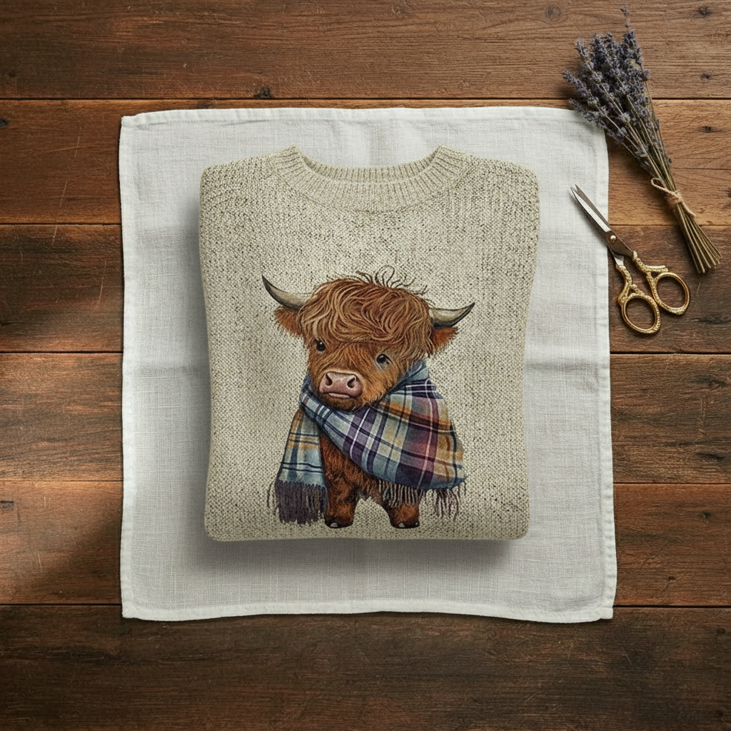 Highland Cow Print Crew Neck Long Sleeve Knit Sweater 2