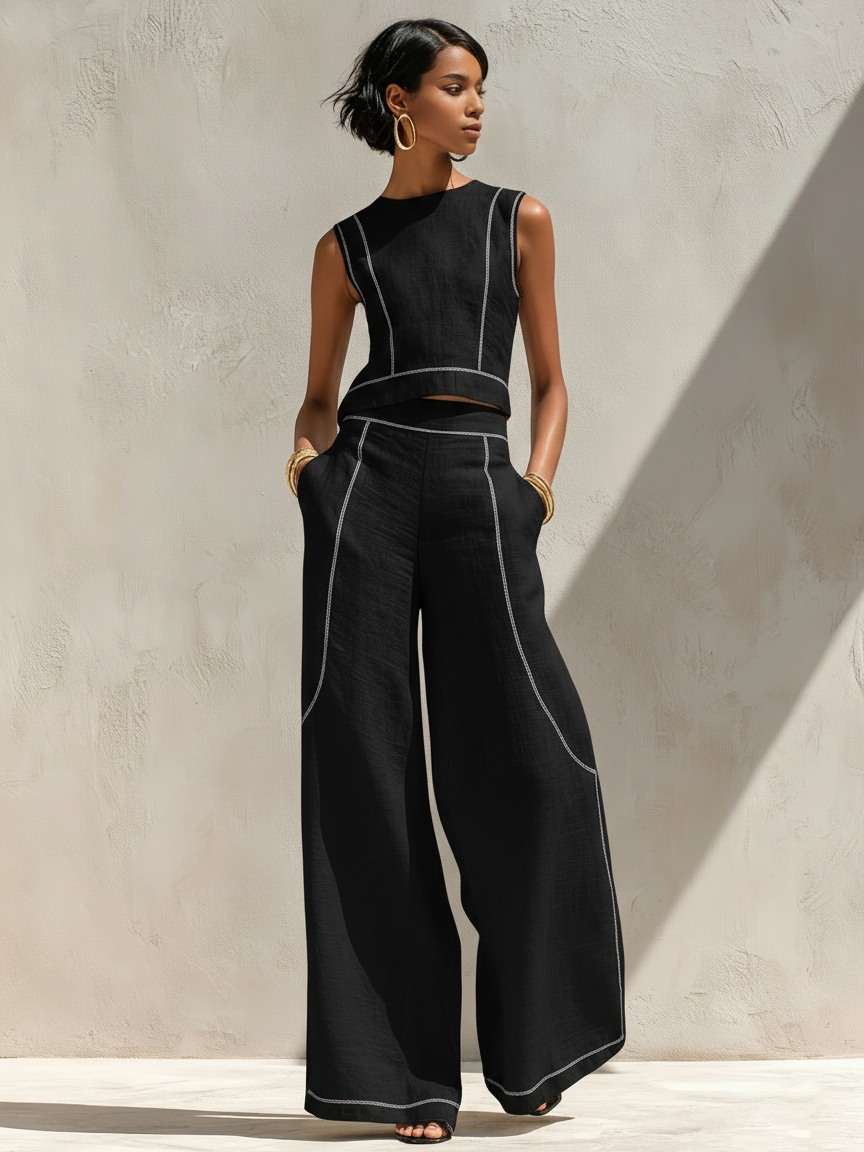 Contrast Stitch Sleeveless Top and Wide Leg Pants Two Piece Set 3